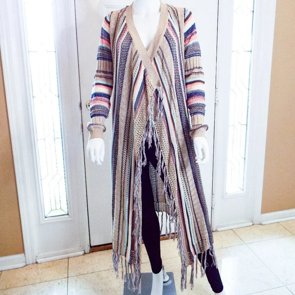 DON'T YOU DARE PINK BLUE MULTI LONG SLEEVE FULL LENGTH SPRING CARDIGAN W/ FRINGE - Picture 1 of 5
